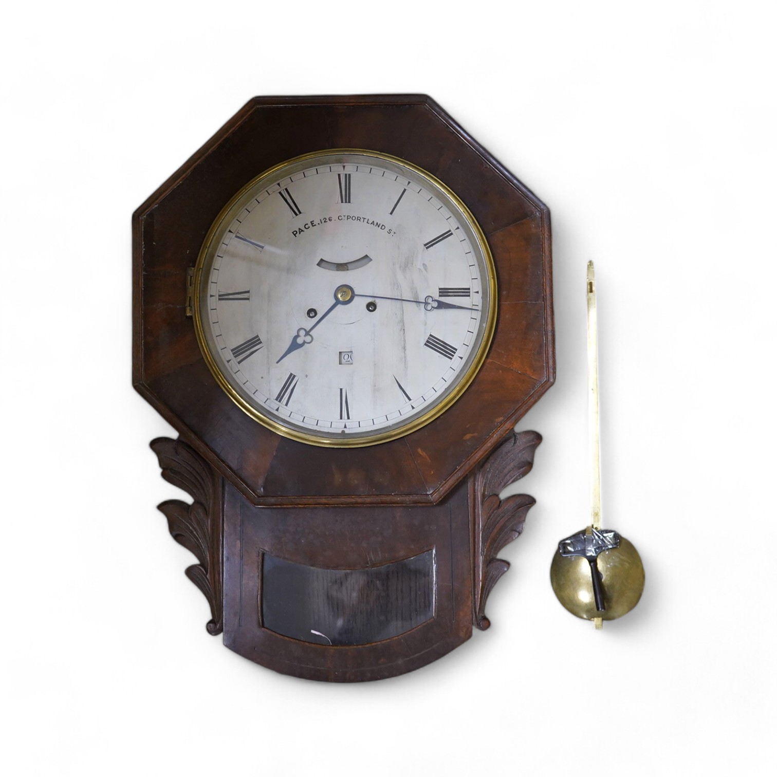 An unusual early Victorian drop dial wall clock, by Pace 126, Gt. Portland Street wall clock, twin fusee striking on a bell with visible pendulum bob and key, 53cm high. Condition - fair, untested